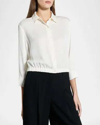 Theory Scrunched-Sleeve Cropped Button-Front Silk Shirt | Thumbnail 6 Theory Scrunched-Sleeve Cropped Button-Front Silk Shirt | Thumbnail 6