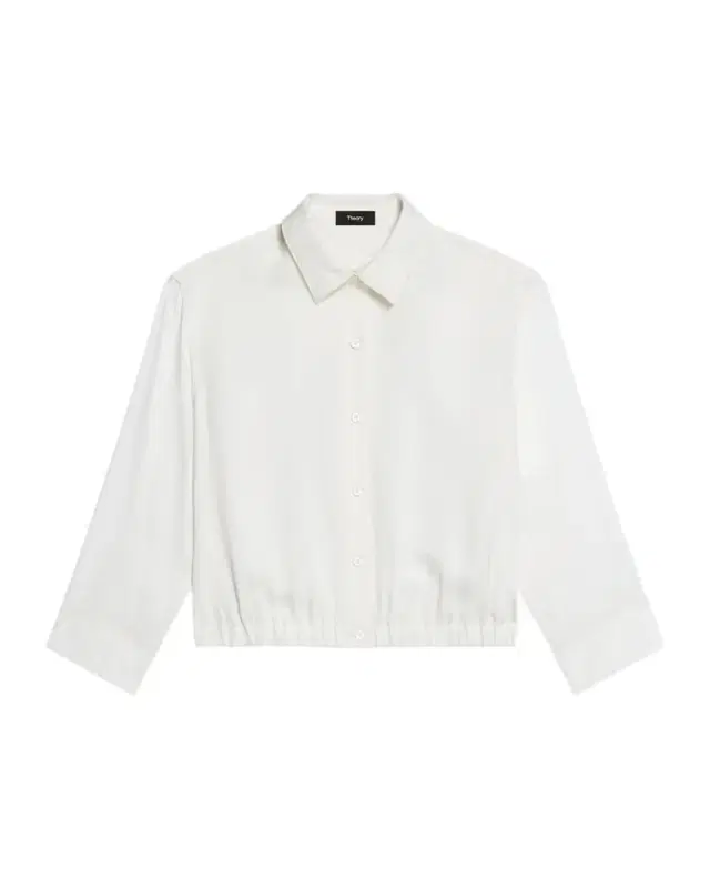 Scrunched-Sleeve Cropped Button-Front Silk Shirt