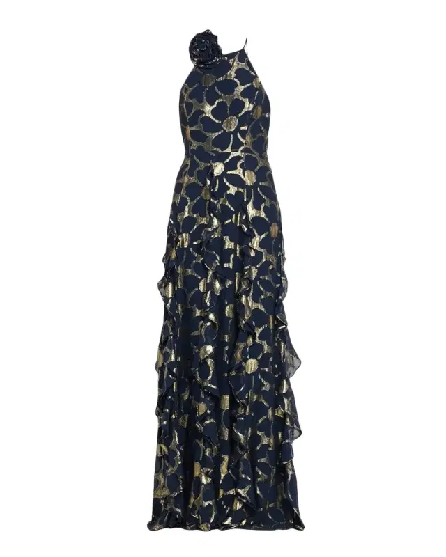 Idella Ruffle-Trim Metallic Floral Halter Gown