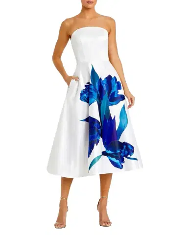 Mac Duggal Strapless Floral-Print Satin Midi Dress | Thumbnail 1