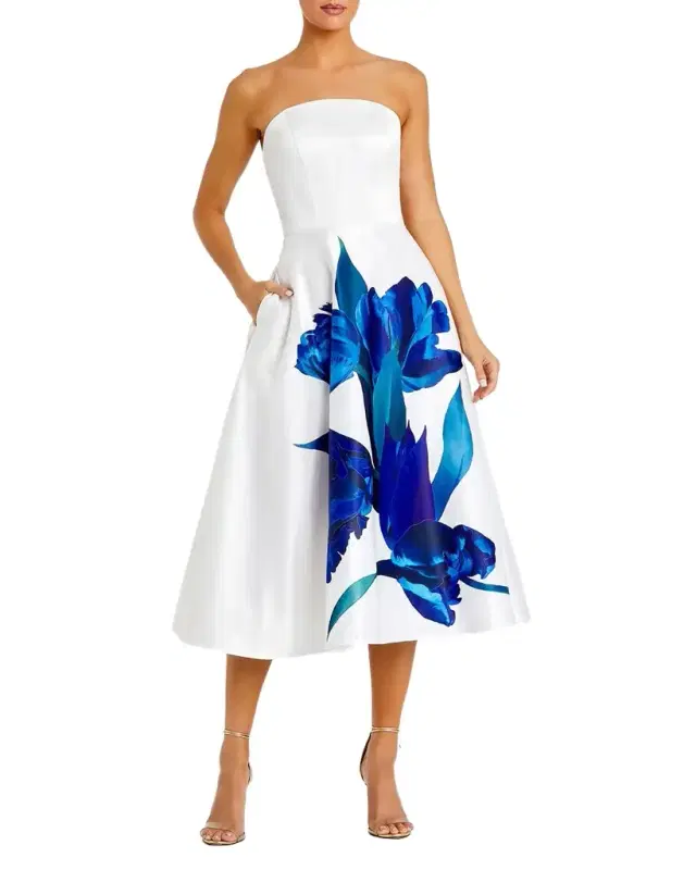 Strapless Floral-Print Satin Midi Dress