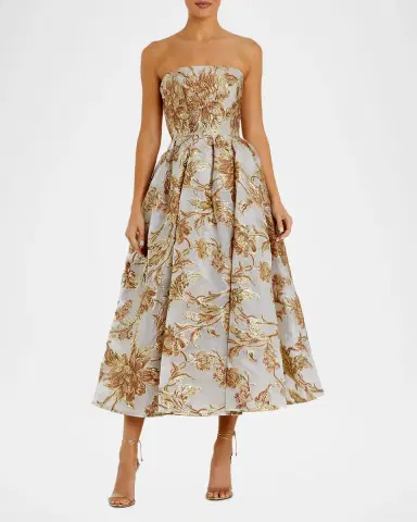 Mac Duggal Petite Strapless Brocade Fit & Flare Midi Dress w/ Pockets | Thumbnail 2 Mac Duggal Petite Strapless Brocade Fit & Flare Midi Dress w/ Pockets | Thumbnail 2