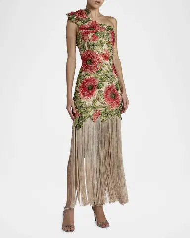 Mac Duggal Floral-Embroidered One-Shoulder Gown with Fringe Skirt | Thumbnail 2 Mac Duggal Floral-Embroidered One-Shoulder Gown with Fringe Skirt | Thumbnail 2