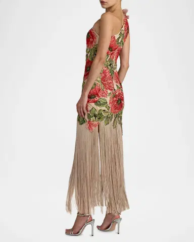 Mac Duggal Floral-Embroidered One-Shoulder Gown with Fringe Skirt | Thumbnail 3 Mac Duggal Floral-Embroidered One-Shoulder Gown with Fringe Skirt | Thumbnail 3