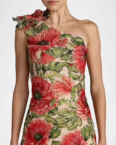 Mac Duggal Floral-Embroidered One-Shoulder Gown with Fringe Skirt | Thumbnail 4 Mac Duggal Floral-Embroidered One-Shoulder Gown with Fringe Skirt | Thumbnail 4