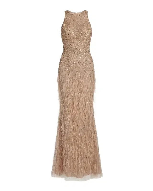 Mac Duggal Beaded Feather-Trimmed Gown