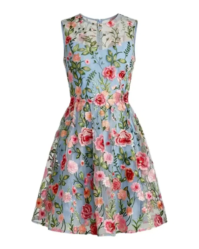 Mac Duggal Floral-Embroidered Lace Illusion A-Line Mini Dress