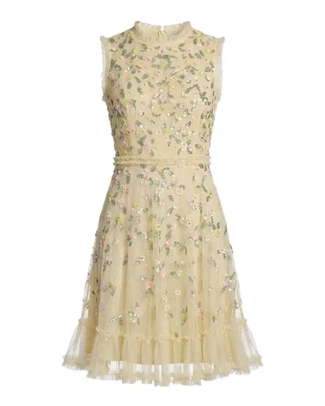 Mac Duggal Ruffle-Trim Floral Sequin Mesh Dress
