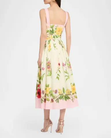 Oscar de la Renta Sleeveless Chine Floral Print Pleated Midi Dress With Belt | Thumbnail 2