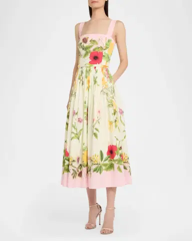 Oscar de la Renta Sleeveless Chine Floral Print Pleated Midi Dress With Belt | Thumbnail 3