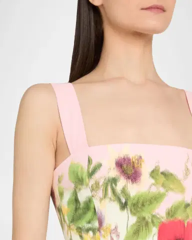 Oscar de la Renta Sleeveless Chine Floral Print Pleated Midi Dress With Belt | Thumbnail 4