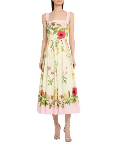 Oscar de la Renta Sleeveless Chine Floral Print Pleated Midi Dress With Belt | Thumbnail 1