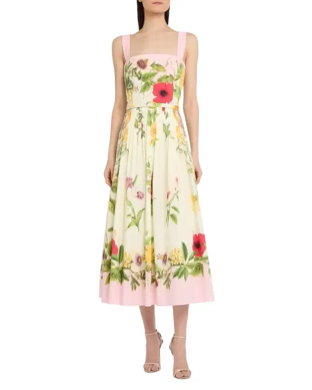 Sleeveless Chine Floral Print Pleated Midi Dress With Belt