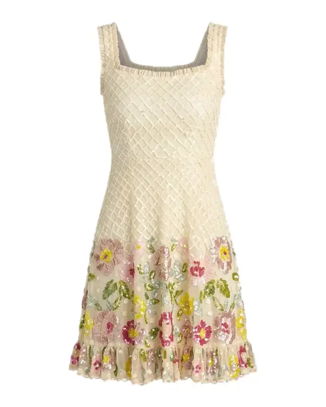 Mac Duggal Ruffle-Trim Floral Sequin Mesh Mini Dress