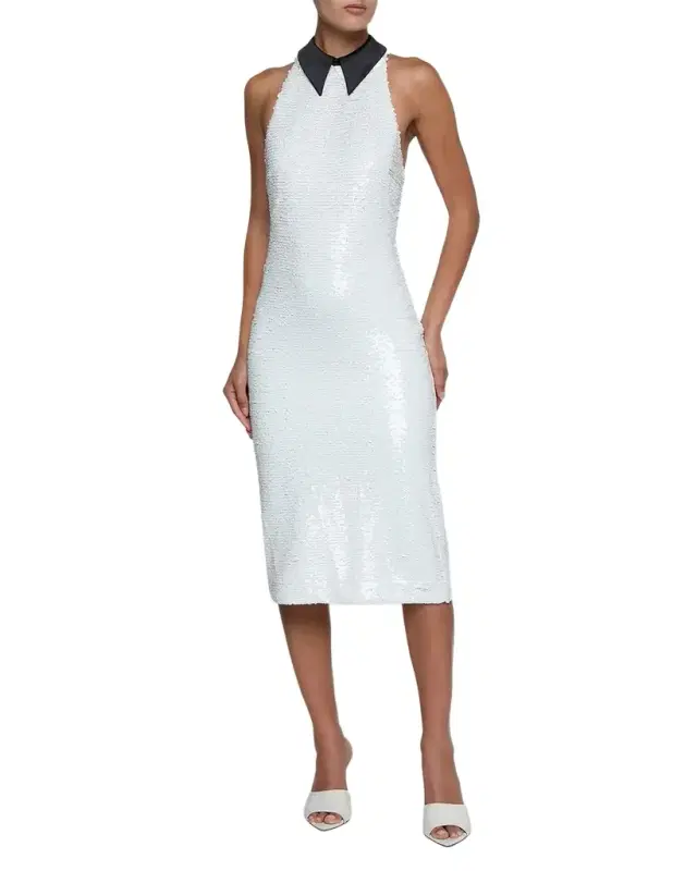 Lilith Sequin Contrast-Collar Bodycon Midi Dress