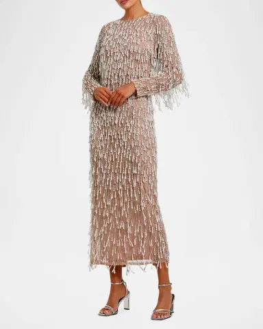 Mac Duggal Pearly Fringe Mesh Long-Sleeve Midi Dress | Thumbnail 2 Mac Duggal Pearly Fringe Mesh Long-Sleeve Midi Dress | Thumbnail 2