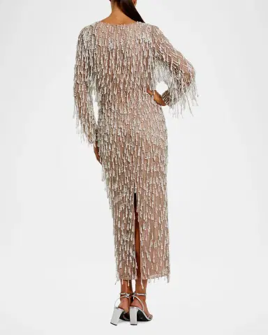 Mac Duggal Pearly Fringe Mesh Long-Sleeve Midi Dress | Thumbnail 3 Mac Duggal Pearly Fringe Mesh Long-Sleeve Midi Dress | Thumbnail 3