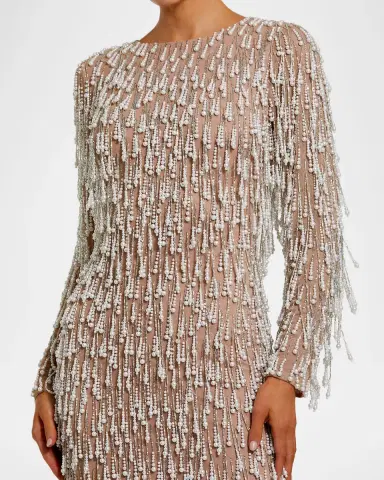 Mac Duggal Pearly Fringe Mesh Long-Sleeve Midi Dress | Thumbnail 4 Mac Duggal Pearly Fringe Mesh Long-Sleeve Midi Dress | Thumbnail 4