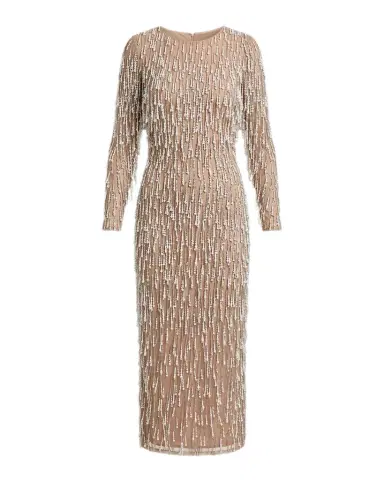 Mac Duggal Pearly Fringe Mesh Long-Sleeve Midi Dress | Thumbnail 1 Mac Duggal Pearly Fringe Mesh Long-Sleeve Midi Dress | Thumbnail 1