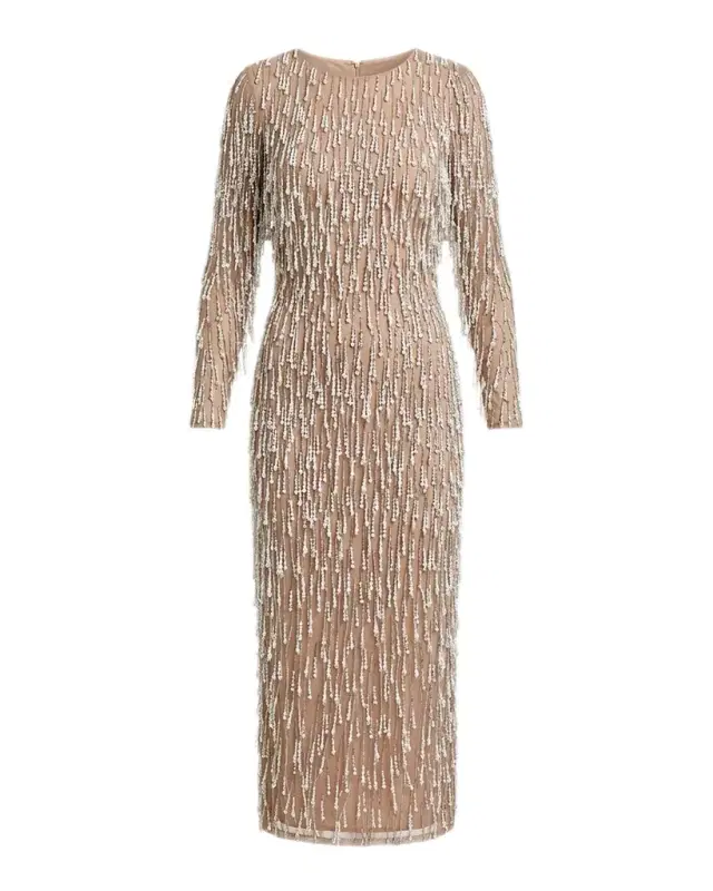 Mac Duggal Pearly Fringe Mesh Long-Sleeve Midi Dress