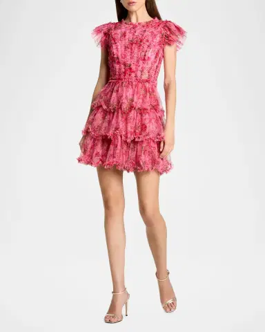 Mac Duggal Ruffled Floral Cap-Sleeve Mesh Mini Dress | Thumbnail 2 Mac Duggal Ruffled Floral Cap-Sleeve Mesh Mini Dress | Thumbnail 2