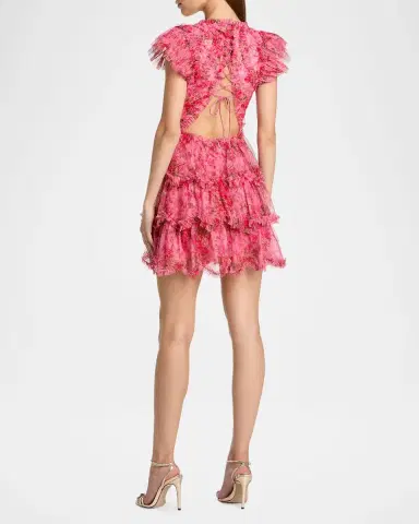 Mac Duggal Ruffled Floral Cap-Sleeve Mesh Mini Dress | Thumbnail 3 Mac Duggal Ruffled Floral Cap-Sleeve Mesh Mini Dress | Thumbnail 3