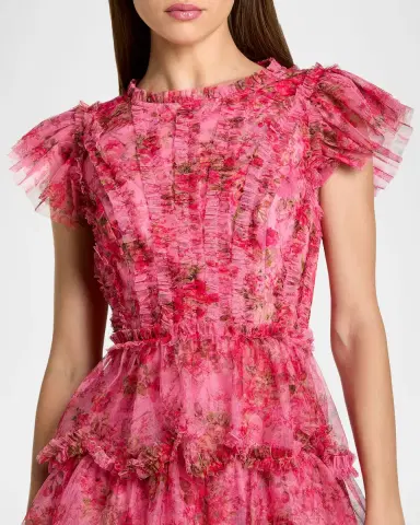 Mac Duggal Ruffled Floral Cap-Sleeve Mesh Mini Dress | Thumbnail 4 Mac Duggal Ruffled Floral Cap-Sleeve Mesh Mini Dress | Thumbnail 4