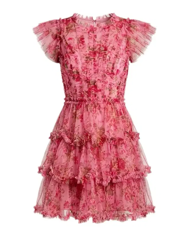 Mac Duggal Ruffled Floral Cap-Sleeve Mesh Mini Dress