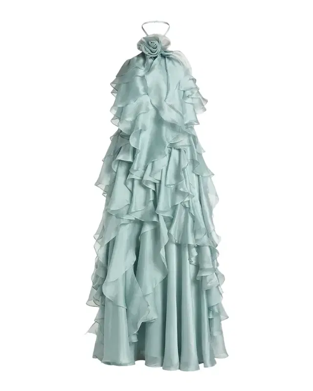 Mac Duggal Halter-Neck Ruffle Trapeze Gown