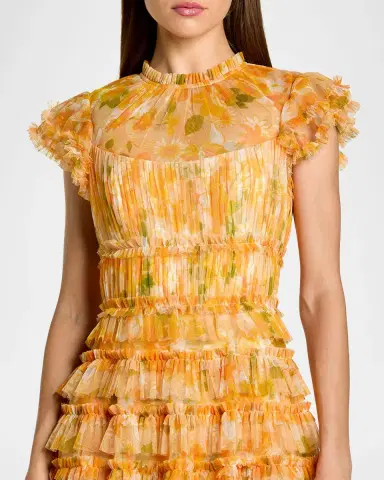 Mac Duggal Floral-Print Ruffle Mesh Midi Dress | Thumbnail 4