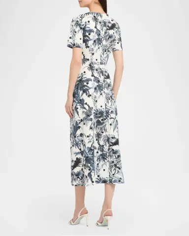 Oscar de la Renta Short-Sleeve Dotted Palm Print Poplin Midi Dress | Thumbnail 2