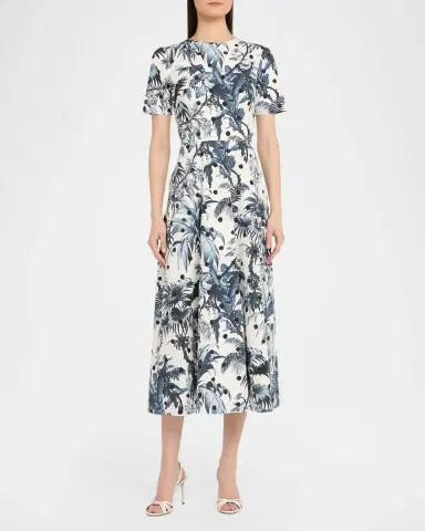 Oscar de la Renta Short-Sleeve Dotted Palm Print Poplin Midi Dress | Thumbnail 3