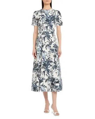 Oscar de la Renta Short-Sleeve Dotted Palm Print Poplin Midi Dress | Thumbnail 1