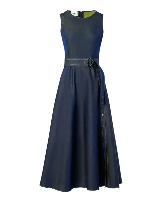 Denim Belted Sleeveless Midi-Dress