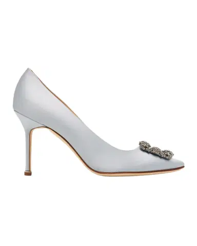 Manolo Blahnik 90mm Hangisi Satin Pumps with Crystal Buckle | Thumbnail 1