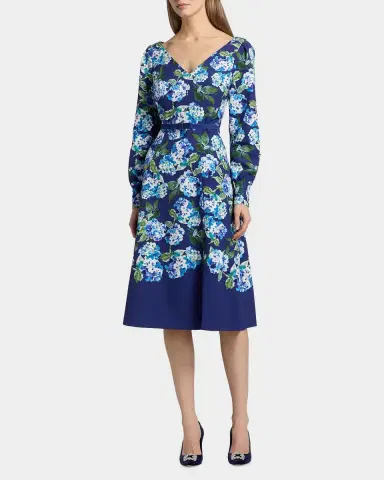 Kay Unger New York Briony Hydrangea Stretch Crepe Belted Midi-Dress | Thumbnail 2