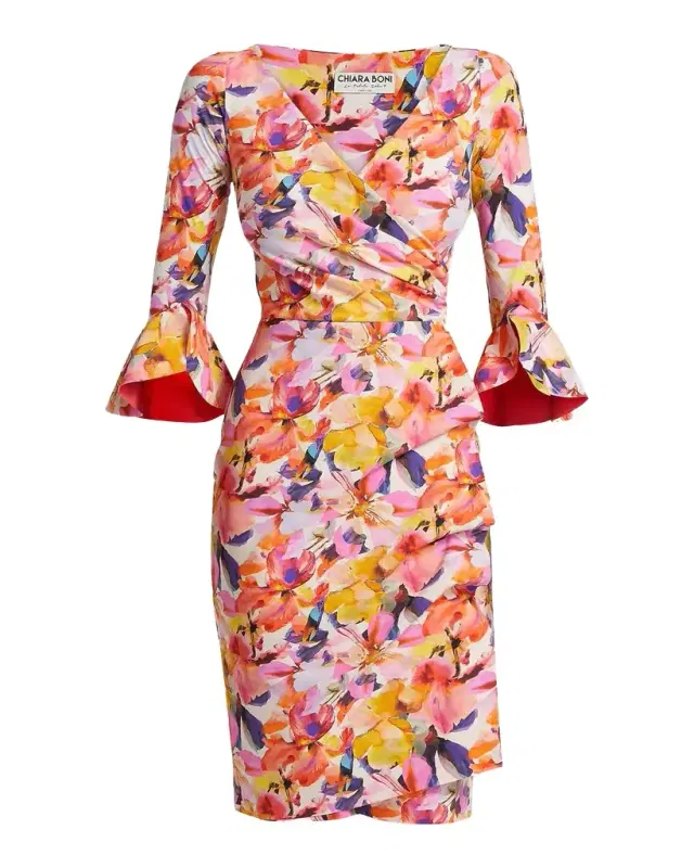 Chiara Boni La Petite Robe Triana Floral Stretch Bell-Sleeve Knee-Length Dress