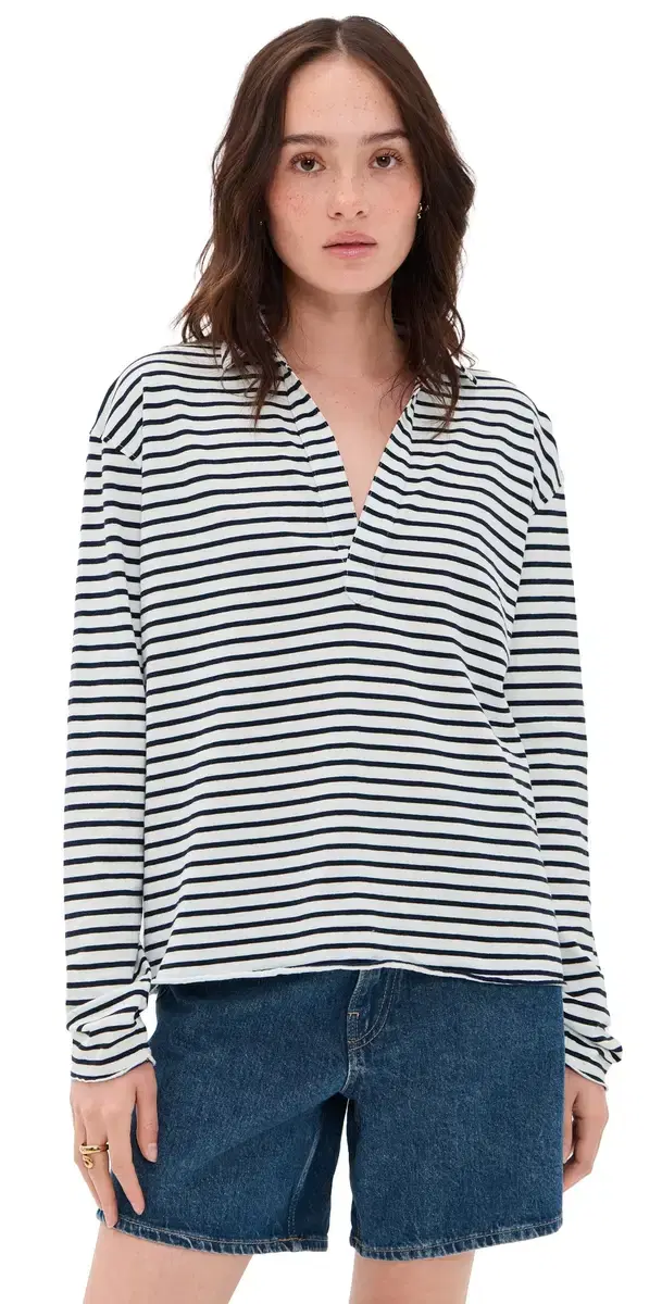 Patrick Popover Henley White Navy tripe