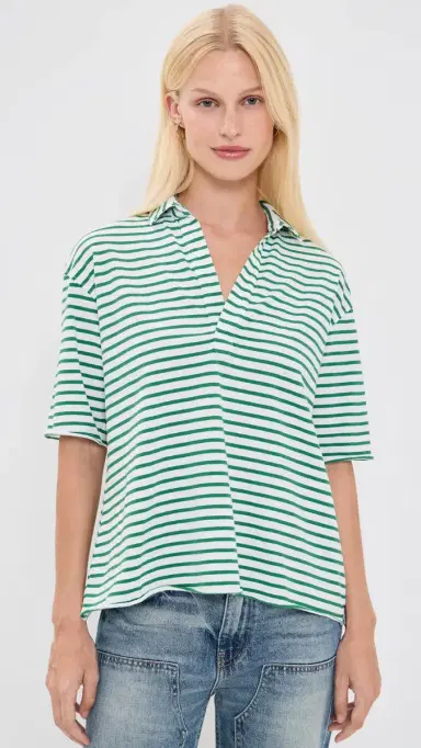 Frank & Eileen Patty Popover Short Sleeve Henley Green & White Stripe | Thumbnail 2 Frank & Eileen Patty Popover Short Sleeve Henley Green & White Stripe | Thumbnail 2