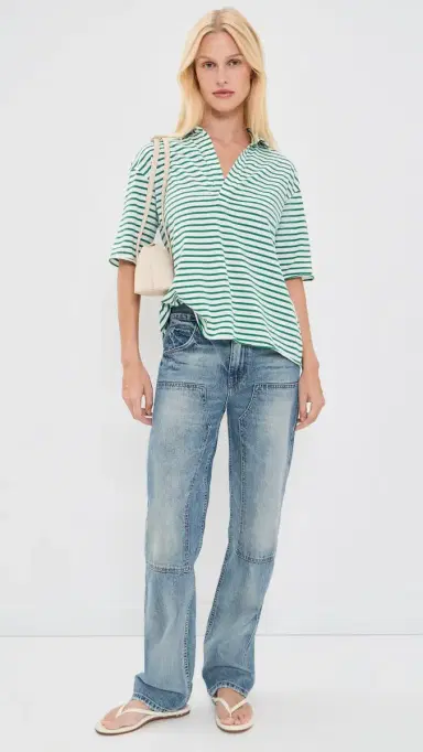 Frank & Eileen Patty Popover Short Sleeve Henley Green & White Stripe | Thumbnail 5 Frank & Eileen Patty Popover Short Sleeve Henley Green & White Stripe | Thumbnail 5