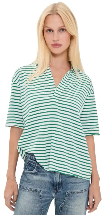 Frank & Eileen Patty Popover Short Sleeve Henley Green & White Stripe | Thumbnail 1 Frank & Eileen Patty Popover Short Sleeve Henley Green & White Stripe | Thumbnail 1