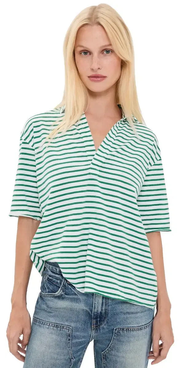 Patty Popover hort leeve Henley Green & White tripe