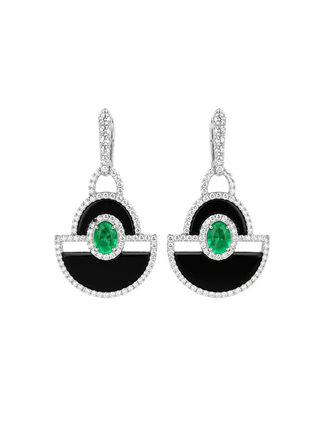 Wish Fine Jewelry 1.27ct Diamond Onyx Emerald 18K Gold Drop Earrings