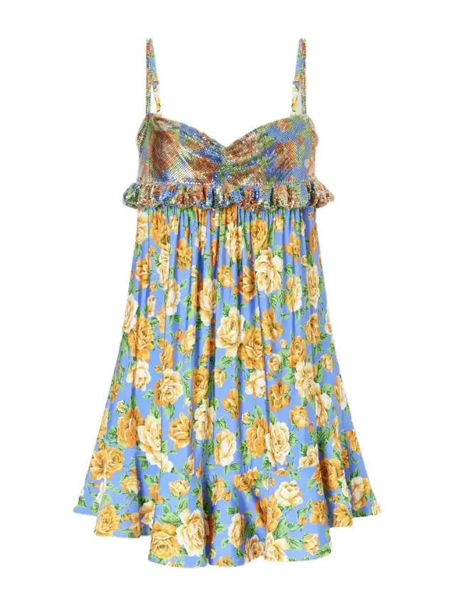 Embellished Ruffled Floral-print Jersey Mini Dress