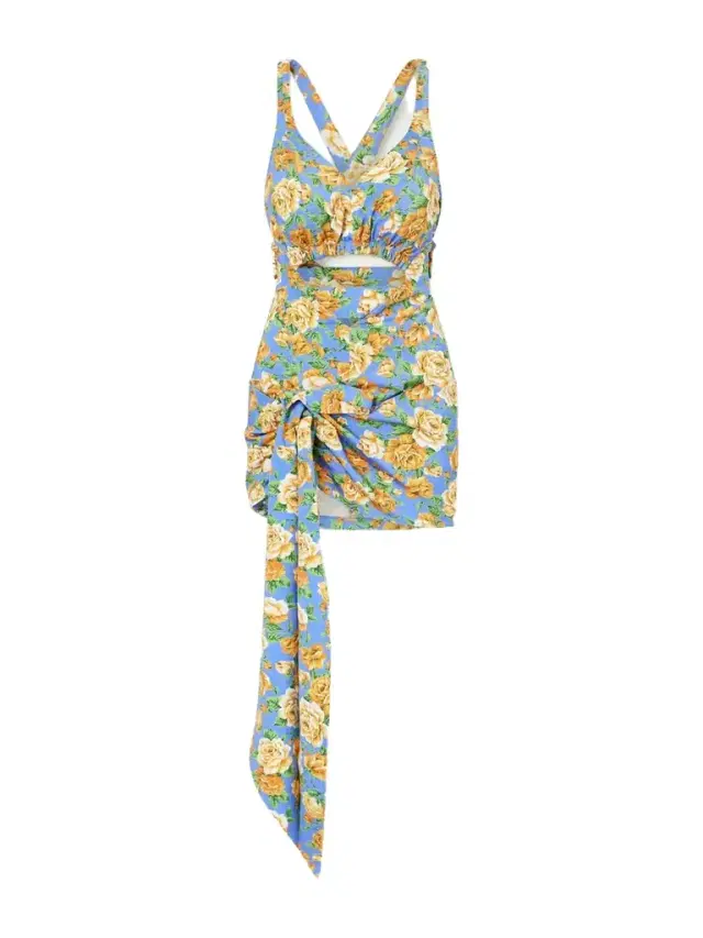 Tie-detailed Cutout Floral-print Stretch-jersey Playsuit