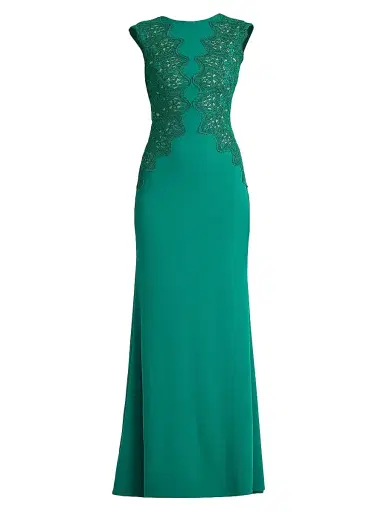 Tadashi Shoji Women's Gant Embroidered Crepe Gown - Emerald - Size 16 | Thumbnail 1
