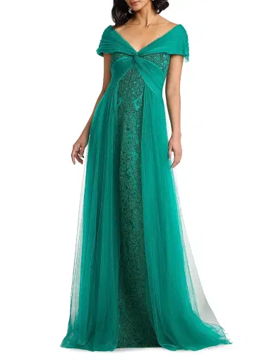 Tadashi Shoji Women's Parello Lotus-Embroidered Tulle Gown - Emerald - Size 16 | Thumbnail 2