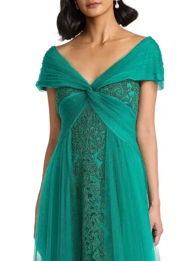 Tadashi Shoji Women's Parello Lotus-Embroidered Tulle Gown - Emerald - Size 16 | Thumbnail 5