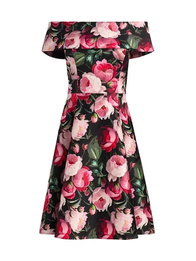Teri Jon by Rickie Freeman Women's Peony Mikado Off-The-Shoulder Cocktail Dress - Black Multi