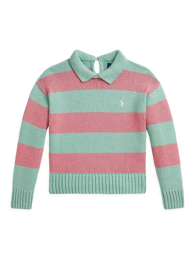 Little Kid's & Kid's Rugby Striped Knit Cotton Sweater - Celadon